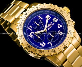 Invicta Specialty Chronograph Gold Plated Blue Dial Tachymeter Ss Bracelet Watch