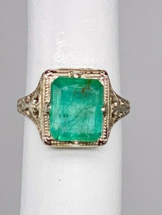 Antique 1920s Ostby & Barton 4ct Colombian Emerald 14k White Gold Filigree Ring
