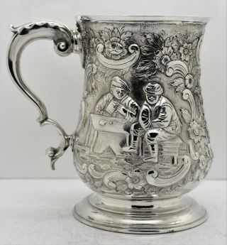 Exceptional Huge George Iii Solid Silver Mug/tankard.  Tavern Scenes.  1770.  527gm