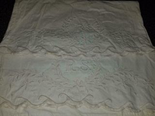 Vintage Pair Cotton Pillowcases White Hand Embroidered Flowers & Initials R.  S.