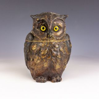 Antique Austrian Pottery - Owl Formed Tobacco Jar - With Glass Eyes