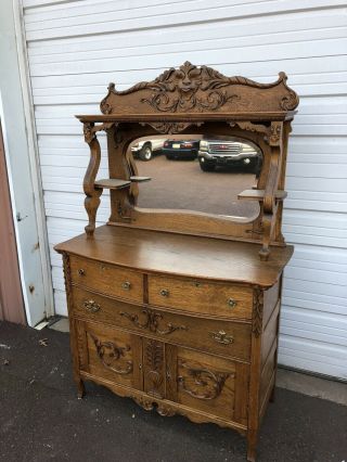 Antique Victorian Oak Sideboard / Buffet With Ornate Carvings With Face 2