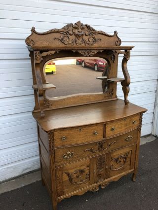Antique Victorian Oak Sideboard / Buffet With Ornate Carvings With Face 3