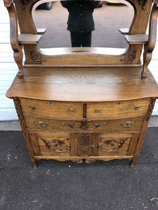 Antique Victorian Oak Sideboard / Buffet With Ornate Carvings With Face 6