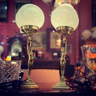 Art Deco Brass Diana Lamps With Clam Shell Glass Shades