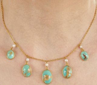 Fine Antique Victorian Arts & Crafts 15ct Gold Turquoise & Pearl Necklace C1885