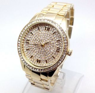 651b Herren Neue Klassische Armbanduhr Metallic Gold Band Luxus Bling Kristalle