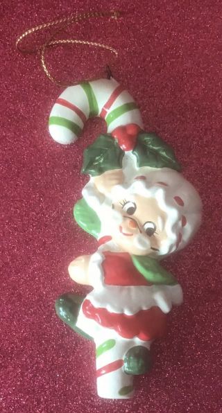 Unique Vintage Lefton Christmas Mrs Claus On Candy Cane Ornament 4 Inch Ceramic