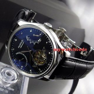 43mm Parnis Black Dial Date Power Reserve St2505 Automatic Movement Mens Watch