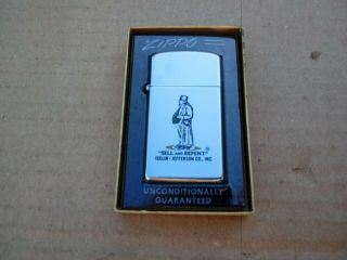 Vintage 1965 Zippo Slim Lighter Iselin Jefferson Co.  " Sell And Repent " Unfired