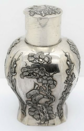 Fine Chinese Export Solid Silver Tea Caddy.  4 Panels Birds/fruit.  Wang Hing 1890