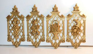 4 Vtg Syroco Hollywood Regency Flower Basket Wall Plaques Gold Decor Homco Set