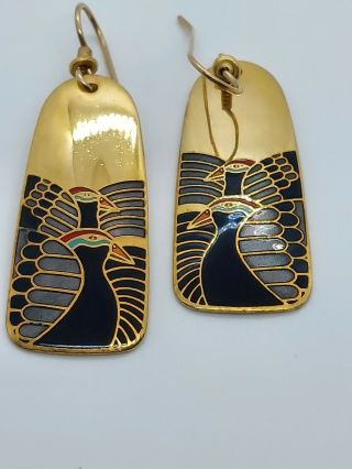 Vintage Laurel Burch Moondoves Gold Tone Enamel Birds Dangle Pierced Earrings