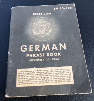 Vintage 1943 Ww2 Us Army German Phrase Book Tm 30 - 606 Restricted