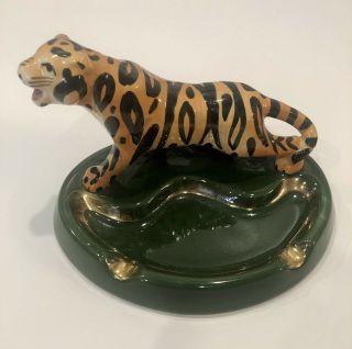 Antique Vintage Tiger Ceramic Porcelain Ashtray Trinket Dish Green W Gold Trim