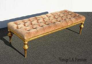 Vintage French Provincial Peach Velvet Tufted Bedside Bench W Gold Ornate Legs