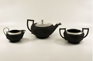 Antique Wedgwood Black Basalt Sterling Silver Tea Service,  Inc.  Teapot C1880 