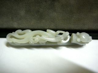 Finely carved Chinese celadon white jade belt buckle garment hook 4.  75 