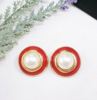 Vintage Ciner Signed Clip On Earrings Dome Faux Pearl Red Gold Tone Enamal