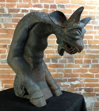 Large Antique Cast Iron Gargoyle Horned Demon Devil Grotesque Statue Sculpture