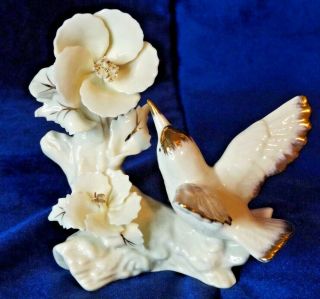 Vintage Hummingbird Figurine White Porcelain With Gold Accents 5 " X 5 "