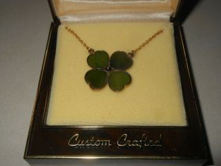 Vintage 12k.  Gold Filled Jade 4 Leaf Clover Necklace In Orig.  Box