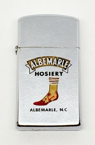 Vintage 1963 Slim Zippo Lighter Albemarle Hosiery Great Socks Graphics Good Cond