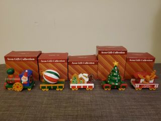 Vintage Avon Wooden Christmas Train Ornament Complete Set Of 5 With Boxes