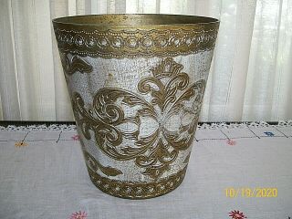 Vintage Tole Florentine Gold/white Waste Basket/trash Recepticle / Made In Italy