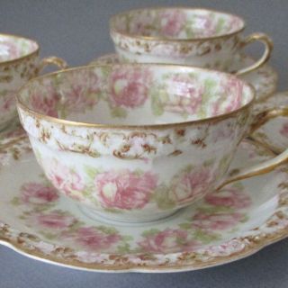 4 Antique Haviland Porcelain Cups Saucers Drop Pink Roses Gilt Trim Schleiger 55
