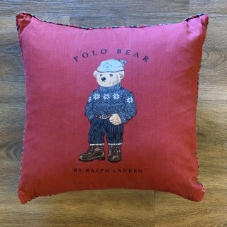 Vintage Polo Ralph Lauren Bear Throw Pillow Red Navy Blue Down Filled 18” Square