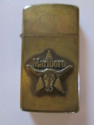 Vintage Zippo Cigarette Lighter Brass Slim Line Marlboro Star Longhorn