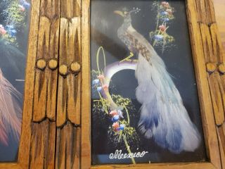 2 Vintage Mexico Bird Feather Art Folk Pictures Framed Wood Frames 2
