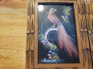 2 Vintage Mexico Bird Feather Art Folk Pictures Framed Wood Frames 3