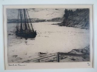 Framed Vintage Etching Of A Ship In Inlet 11/50