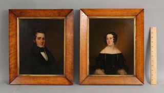 19thc Antique Empire Portrait Oil Paintings Husband Wife Birdseye Maple Frames