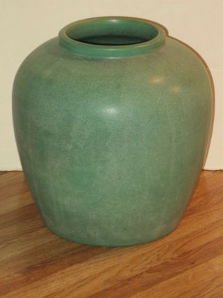 Large Antique Teco Pottery Matte Green Vase With Double Stamp Mark