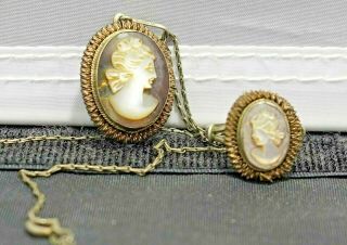 Vintage Antique Cameo Pendant Necklace And Ring Corcione Naples Italy