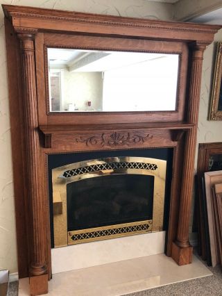 Victorian Antique Oak Fireplace Mantle With Pillars Surround With Beveled Mirror