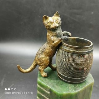 Vintage Figural Cat Match Holder Bronze Keg Brass Toothpick Holder