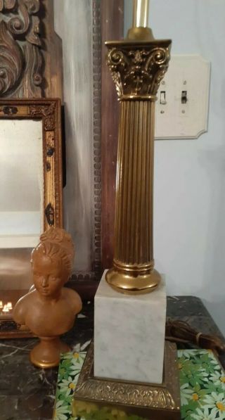 Hollywood Regency Vintage Brass Marble Modern Table Lamp Corinthian Column