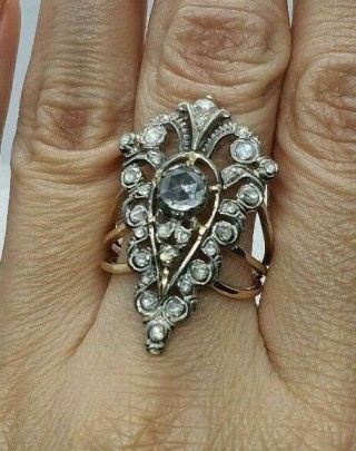 Victorian Ring 19th C 1.  2 Ct Diamond Rose Cut Gold 14k Silver Sterling Ring
