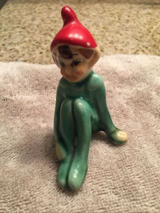 Vintage Ceramic Elf / Pixie Green With Red Cap - Sitting / Japan