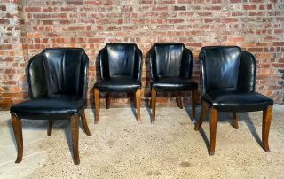 Art Deco Set 4 Black Leather And Walnut Chairs
