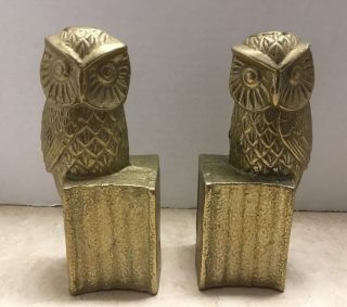Vintage Brass Set Owl Bookends Perch On Books 6” Heavy Mid Century Taiwan