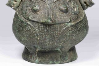 Chinese Fine Bronze Owl Chain Wine Vessel 5