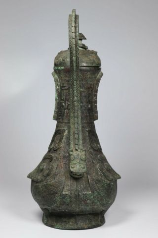 Chinese Fine Bronze Owl Chain Wine Vessel 6