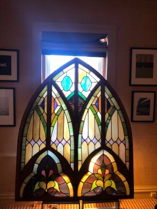 Huge Antique Stained Glass Window In Wood Frame.