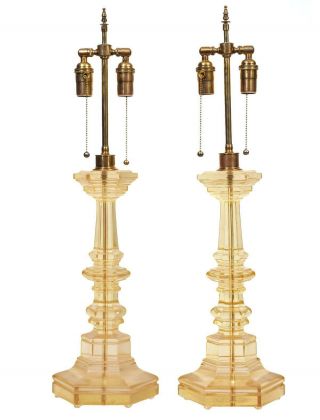 Pair Mid - Century Dorothy Thorpe Lucite Resin Candlestick Table Lamps Brass