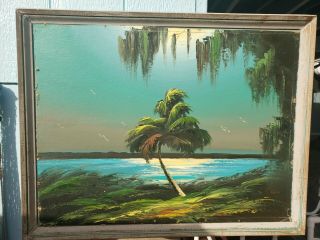 James Gibson Blue/green Palm Tree Oil Upson Board Vintage Florida Highwaymen Art
